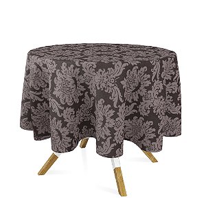 Toalha de Mesa Redonda em Tecido Jacquard Marrom Medalhão Tradicional