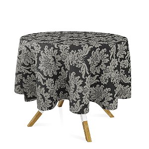 Toalha de Mesa Redonda em Tecido Jacquard Preto e Cru Medalhão Tradicional