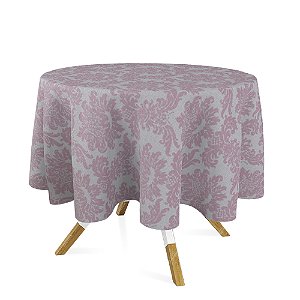 Toalha de Mesa Redonda em Tecido Jacquard Rosa Bebê e Prata Medalhão Tradicional