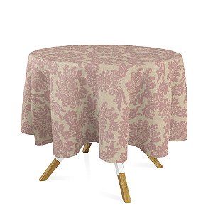 Toalha de Mesa Redonda em Tecido Jacquard Rosa Envelhecido e Dourado Medalhão Tradicional