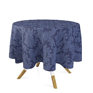 Toalha de Mesa Redonda em Tecido Jacquard 100% Poliéster Medalhão Azul Marinho