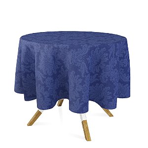 Toalha de Mesa Redonda em Tecido Jacquard 100% Poliéster Medalhão Azul Royal