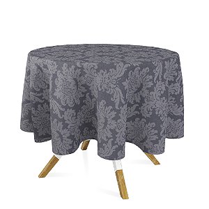 Toalha de Mesa Redonda em Tecido Jacquard 100% Poliéster Medalhão Cinza Chumbo