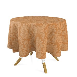 Toalha de Mesa Redonda em Tecido Jacquard 100% Poliéster Medalhão Laranja