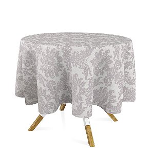 Toalha de Mesa Redonda em Tecido Jacquard 100% Poliéster Medalhão Prata