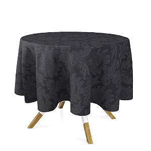 Toalha de Mesa Redonda em Tecido Jacquard 100% Poliéster Medalhão Preto