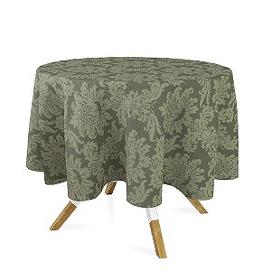 Toalha de Mesa Redonda em Tecido Jacquard 100% Poliéster Medalhão Verde Musgo
