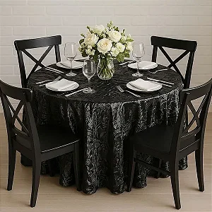 Toalha de Mesa Redonda para Buffet em Cetim Amassado Preto