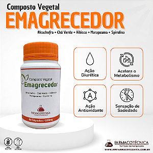 Composto Vegetal Emagrecedor (Spirulina + Hibisco + Chá Verde + Alcachofra + Marapuama) -60 Cápsulas - RM Farmacotécnica®