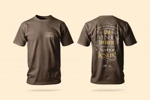 CAMISETA PORQUE O FILHO VIVE E VOLTARÁ MARROM TAMANHO MÉDIO CAMPANHA 2026 JMM