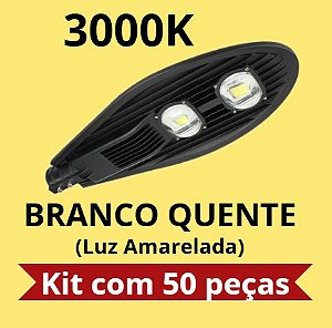 Kit 50 Luminárias Pública Cob Super LED 100w - 3000k - Branco Quente - Para Poste