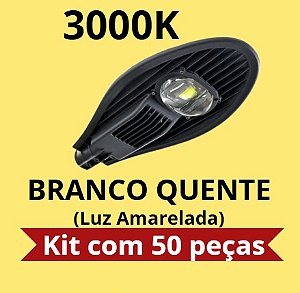 Kit 50 Luminárias Pública Cob Super LED 50w - 3000k - Branco Quente - Para Poste