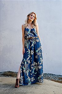 vestido longo crepe floral