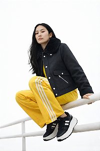 Jaqueta Feminina de Lã Batida com Gola Removível Sherpa – Preto