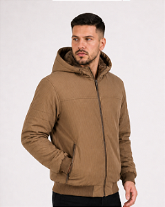 Jaqueta Bomber Trucker Masculina Canelada com Capuz Forrado em Pelo Sherpa