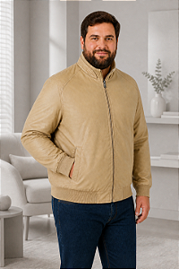 Jaqueta Bomber Masculina Plus Size em Couro PU- Bege