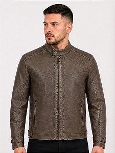 Jaqueta de Couro PU Masculina Marrom Envelhecido – Corte Slim Urban