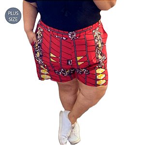 Shorts Tecido Plus Size Estampado Africano Vermeho 100% Algodão
