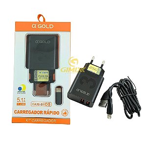 KIT CARREGADOR GOLD USB + CABO IPHONE CA32-2