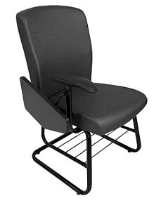 Poltrona Fraque universitária, com  pés “S” contínuo, c/ porta livros e 1 braço em “T” com prancheta escamoteável