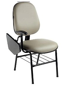 Cadeira Universitária gerente  com 1 braço em T e mecanismo para prancheta escamoteável, 4 pés e porta-livros