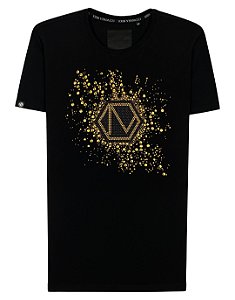 Camiseta masculina premium preta logo espirrado dourado