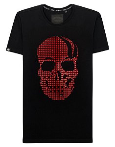 Camiseta masculina premium preta com caveira vermelha