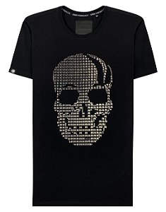 Camiseta masculina premium preta caveira prateada