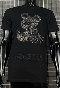 Camiseta masculina premium preta urso detalhe amarelo