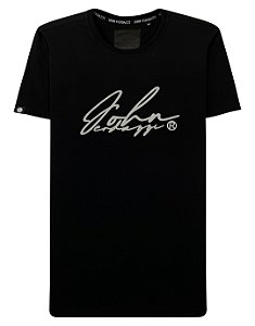 Camiseta masculina premium preta assinatura refletivo cinza