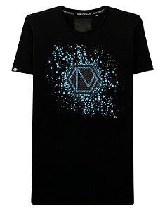 Camiseta masculina premium preta logo espirrado azul bebê