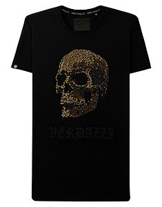 Camiseta masculina premium preta caveira granulada dourada