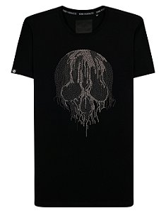 Camiseta masculina premium preta caveira derretendo cinza