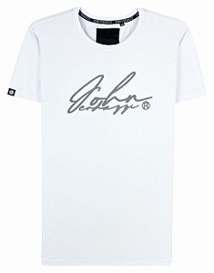 Camiseta masculina premium branca assinatura refletivo cinza