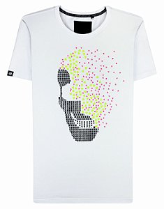 Camiseta masculina premium branca caveira fragmentada neon