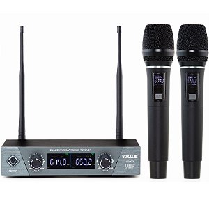 MICROFONE SEM FIO DUPLO DE MÃO VOKAL VS802M RECARREGAVEL PROFISSIONAL