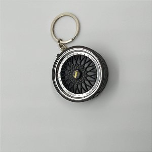 Chaveiro de Roda Miniatura BBS Preta com Pneu de Borracha