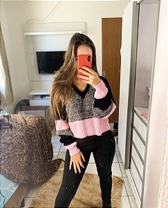 Tricot Gola V Mescla/Rosa