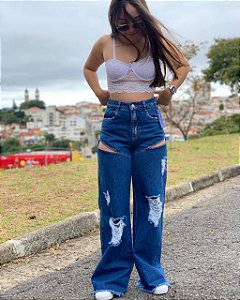 Wide Leg Destroyed Jeans Blue