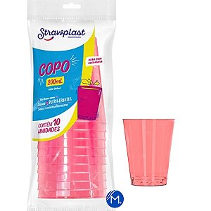 Copo Plástico Rosa Neon 200ml Strawplast com 10 unidades