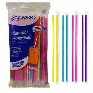 Canudo Tradicional Colorido Strawplast com 100 unidades