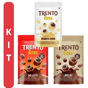 Kit Trento Bites Avelã + Trento Bites Branco Dark + Trento Bites ao Leite 120g cada