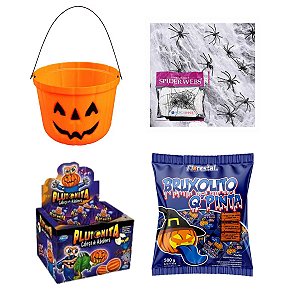 Kit Halloween Balde Cabeça de Abóbora + Teia com Pirulitos e Chicletes