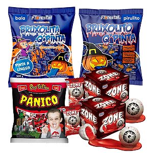 Kit Halloween 5 Doces Balas Pirulitos e Chicletes