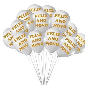 Balão Bexiga Estampado Feliz Ano Novo Brando e Dourado nº 9 Natal Joy