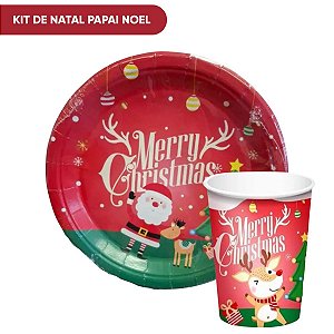 Kit Copo e prato De Papel Papai Noel Merry Christmas 8 un cada