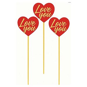 Kit 6 Palitos Decorativos Coração Love You BR Festas