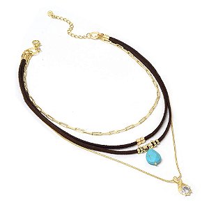 Colar Choker Marrom Pedra Turquesa