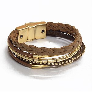 Pulseira Couro Cora Marrom Dourado