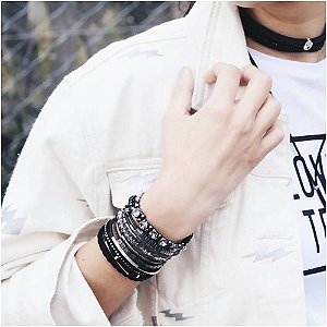 Look De Pulseiras Couro Diamond Grafite